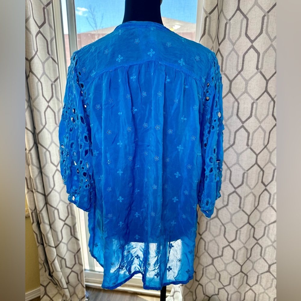 EUC Johnny Was Semi-Sheer Cerulean Blue Floral Embroidered Blouse - Picture 9 of 13